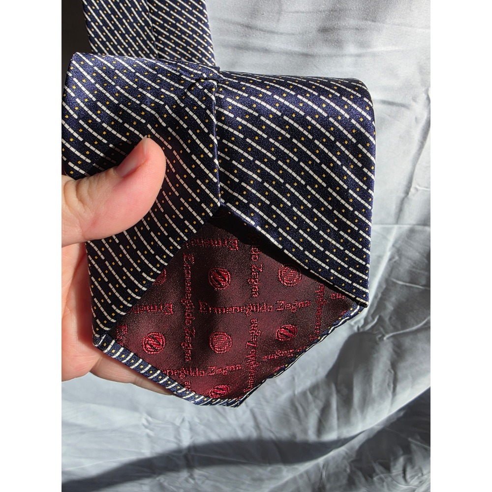 Ermenegildo Zegna Mens Silk Tie Navy Blue Geometric Diagonal Stripe Pattern - Picture 4 of 6